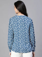 Women Blue Floral Print V-Neck Pleated Top