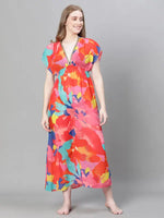 Women Multicolor Floral Print V-Neck Laced Up Elasticated Beachwear Dress