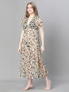 Women Brown Animal Print V-Neck Laced Up Elasticated Beachwear Dress