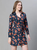 Women multicolor floral print collared belted button down dress