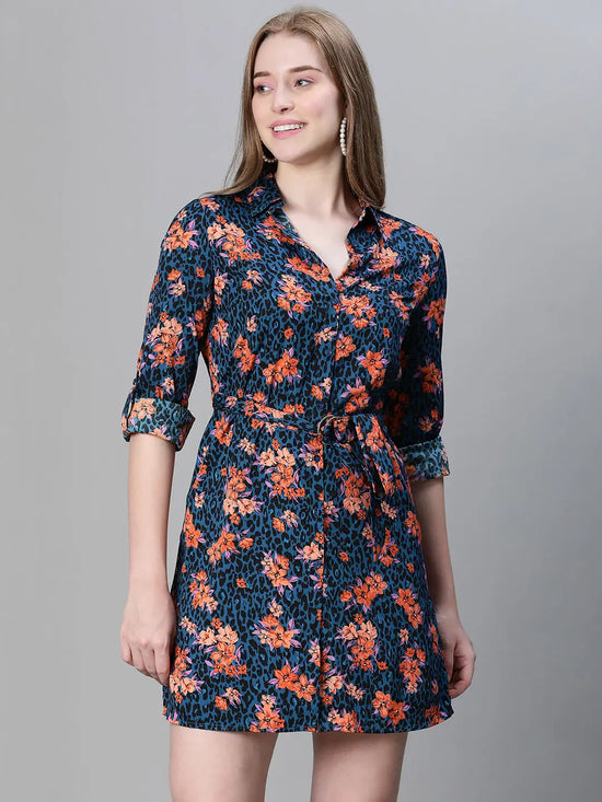 Women multicolor floral print collared belted button down dress