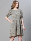 Women beige color floral print round neck short sleeve cotton dress