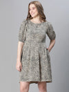 Women beige color floral print round neck short sleeve cotton dress