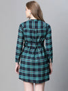 Women blue brush check v-neck long sleeve belted button down cotton dress