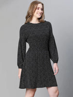 Women black floral print round neck smocked long sleeve flared dress