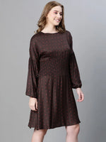 Women brown polka dot print round neck smocked long sleeve flared dress