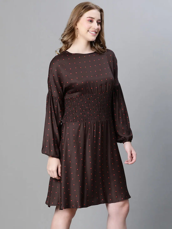 Women brown polka dot print round neck smocked long sleeve flared dress