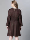 Women brown polka dot print round neck smocked long sleeve flared dress