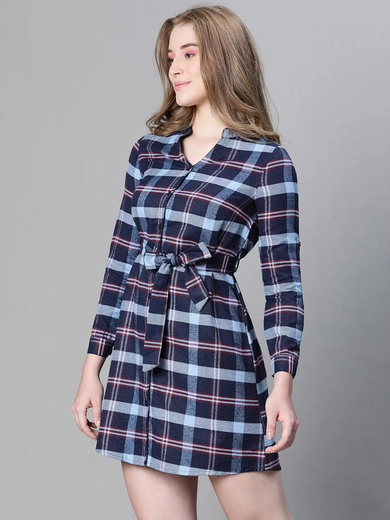 Women multicolor brush check v-neck long sleeve belted button down cotton dress