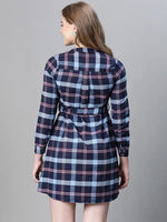 Women multicolor brush check v-neck long sleeve belted button down cotton dress