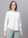 Women White Dobby Meld Long Sleeve Collared Top