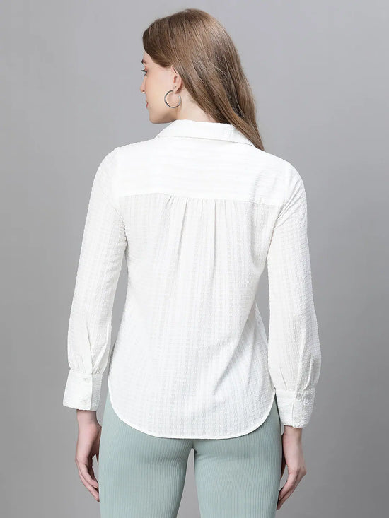 Women White Dobby Meld Long Sleeve Collared Top