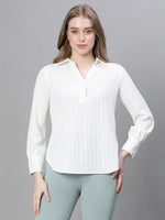 Women White Dobby Meld Long Sleeve Collared Top