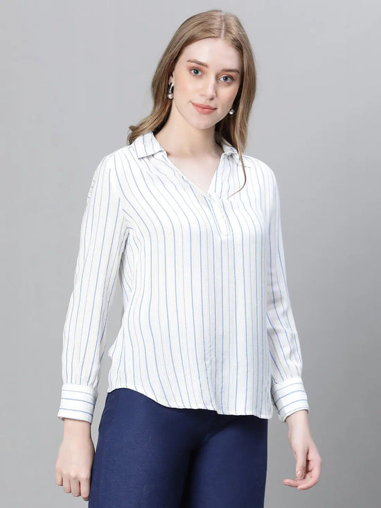 Women White Stripe Print Long Sleeve Collared Cotton Top