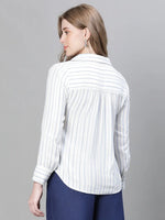 Women White Stripe Print Long Sleeve Collared Cotton Top