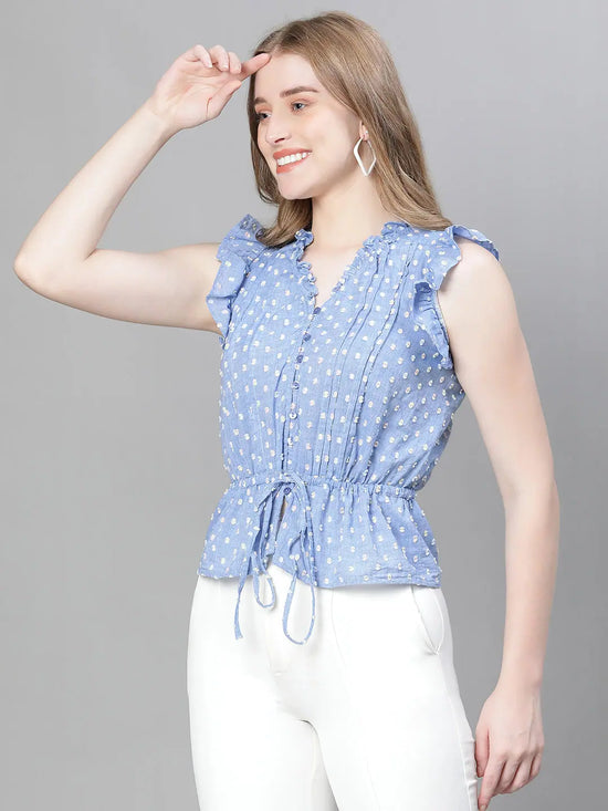 Women Blue Dobby Meld Ruffle Detailed Pleated Elasticated Tie-up short Sleeve Cotton Top