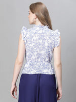 Women Blue Floral Print Ruffle Detailed Pleated Elasticated Tie-up short Sleeve Cotton Top