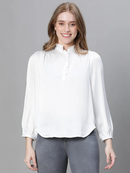 Women Soild White mandarin Collar Buttoned Long Sleeve Top