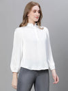 Women Soild White mandarin Collar Buttoned Long Sleeve Top