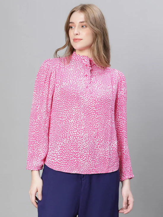 Women Pink Floral Print mandarin Collar Buttoned Long Sleeve Top