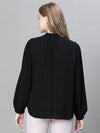 Women Soild Black mandarin Collar Buttoned Long Sleeve Top