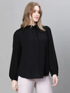 Women Soild Black mandarin Collar Buttoned Long Sleeve Top