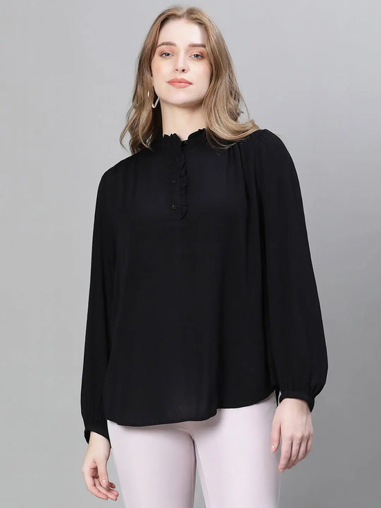 Women Soild Black mandarin Collar Buttoned Long Sleeve Top