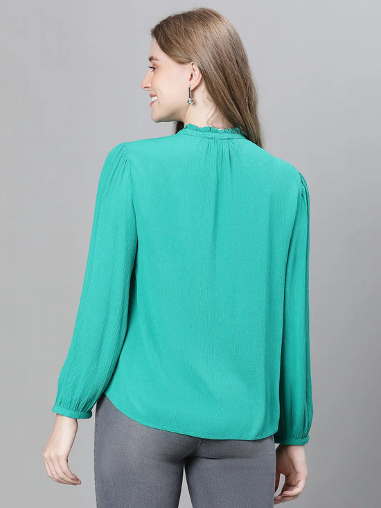 Women Solid Green mandarin Collar Buttoned Long Sleeve Top