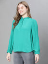 Women Solid Green mandarin Collar Buttoned Long Sleeve Top