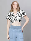 Women White Polka Dot Print V- Neck Shoer Sleeve Crop Top