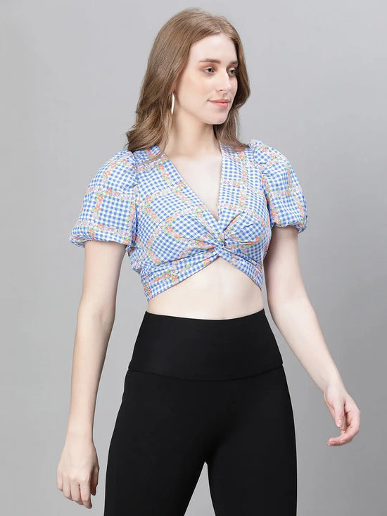 Women Blue Check Print V- Neck Shoer Sleeve Crop Top