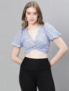 Women Blue Check Print V- Neck Shoer Sleeve Crop Top