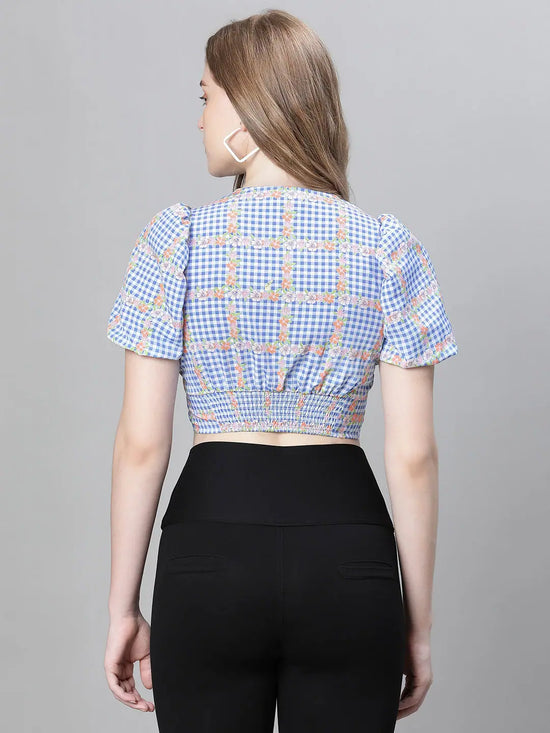 Women Blue Check Print V- Neck Shoer Sleeve Crop Top