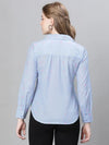 Women Soild Blue Long Sleeve Collared Cotton Top