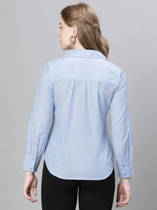 Women Soild Blue Long Sleeve Collared Cotton Top