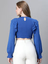 Women soild blue round neck ruffled smocked long sleeve top