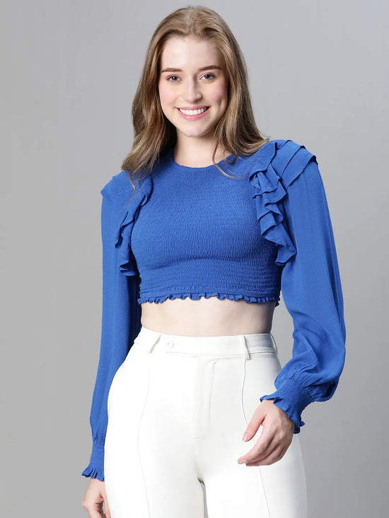 Women soild blue round neck ruffled smocked long sleeve top