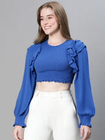 Women soild blue round neck ruffled smocked long sleeve top