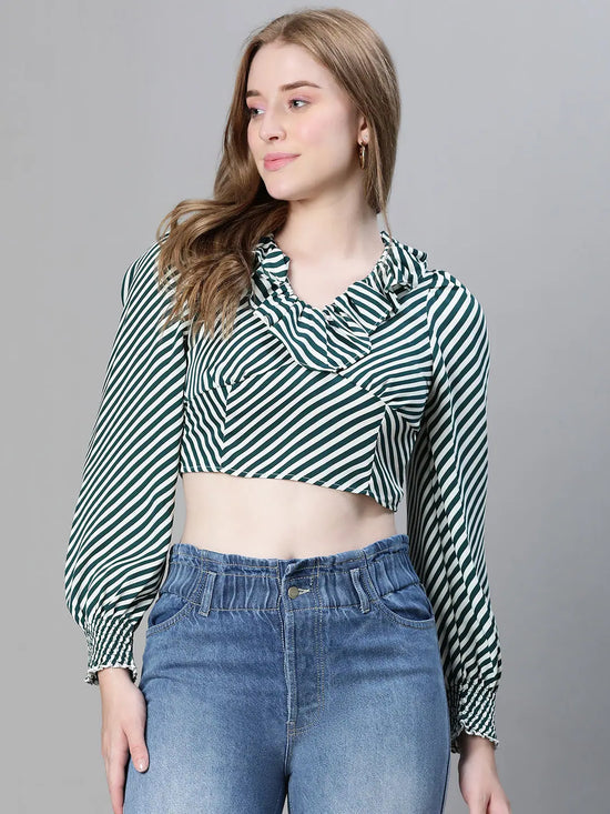 Women green stripe print ruffled long sleeve top