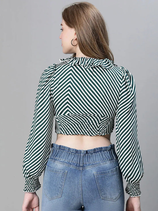 Women green stripe print ruffled long sleeve top