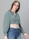 Women green stripe print ruffled long sleeve top