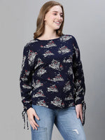 Women navy blue printed round neck long sleeve top