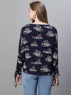 Women navy blue printed round neck long sleeve top