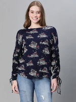 Women navy blue printed round neck long sleeve top