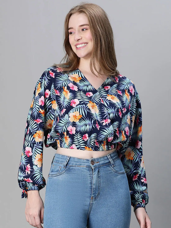 Women multicolor floral print collared long sleeve crop top