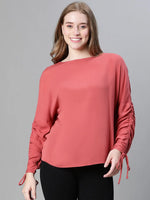 Women soild rust color round neck long sleeve top