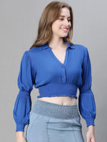 Women blue open collared long sleeve elasticated crop top