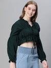 Women soild green elasticated tie-up long sleeve crop top