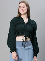 Women soild green elasticated tie-up long sleeve crop top