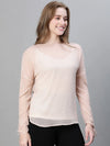 Women beige dobby mashed round neck with tie-up detailed long sleeve top